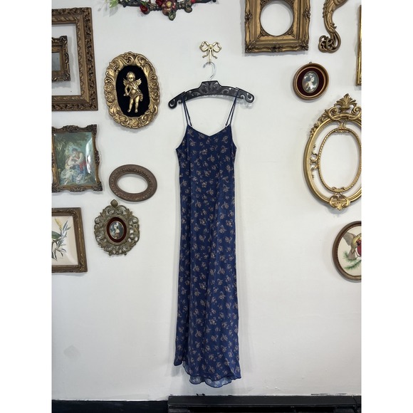 Vintage Dresses & Skirts - Vintage Ditsy Floral Slip Maxi Dress Sleeveless Blue Size S